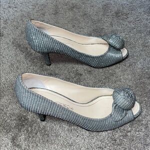 Caparros Silver Peep-Toe Heels Rosette Detail Size 8